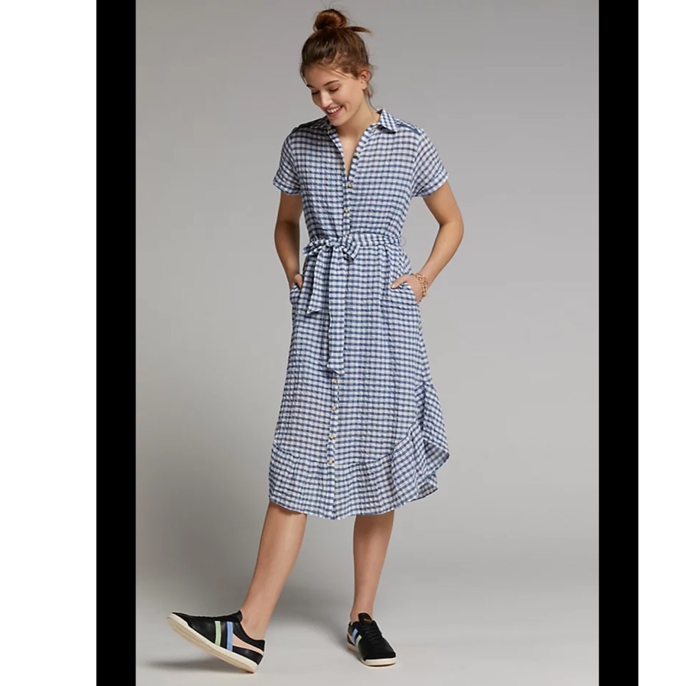 Anthropologie Maeve Finley Blue and White Gingham Shirtdress